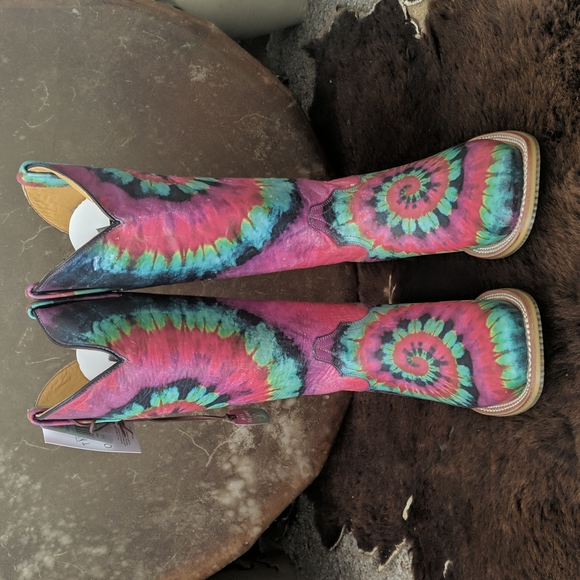 TIN HAUL "Happy Hippie" groovy rainbow tie dye leather cowgirl boots in box NWT - Picture 14 of 16